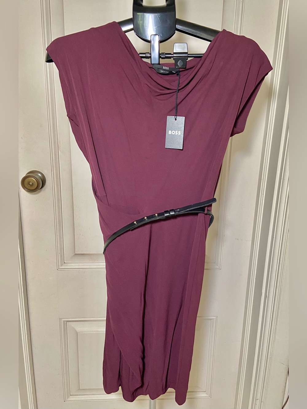 NWT BOSS Classic🍁 Feels like size S Draped Burgundy Midi Dress with LEATHER Belt